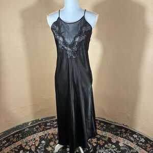 Sensara Satin Floral Sheer Lace Sleeveless Open Back Maxi Slip Dress Black Small